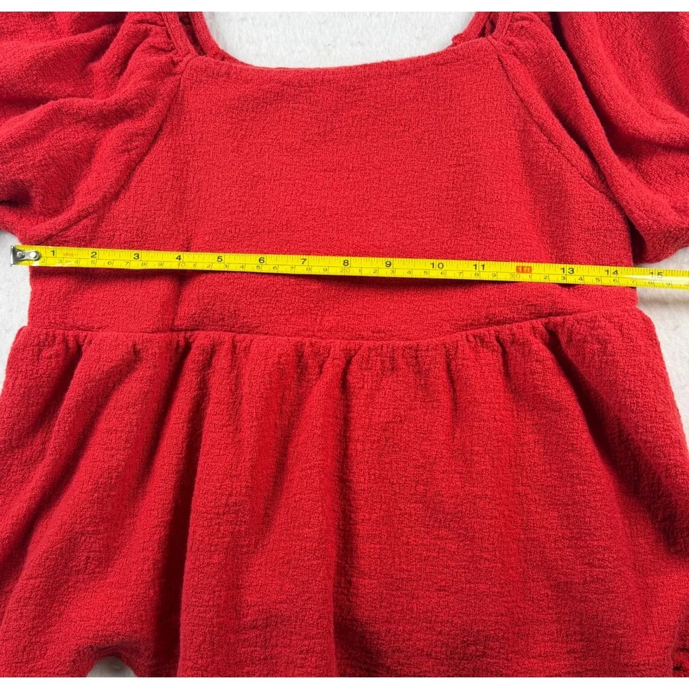 Madewell Red Square Neck Puff Sleeve Peplum Textured Blouse Top Medium Romantic
